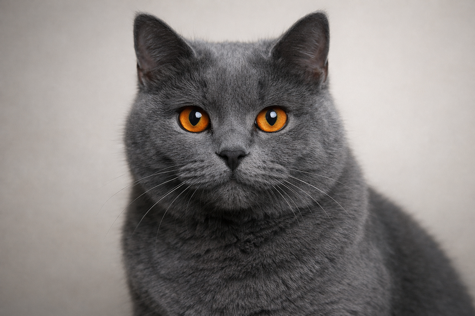 Chat Chartreux gris-bleu avec des yeux orange caractéristiques