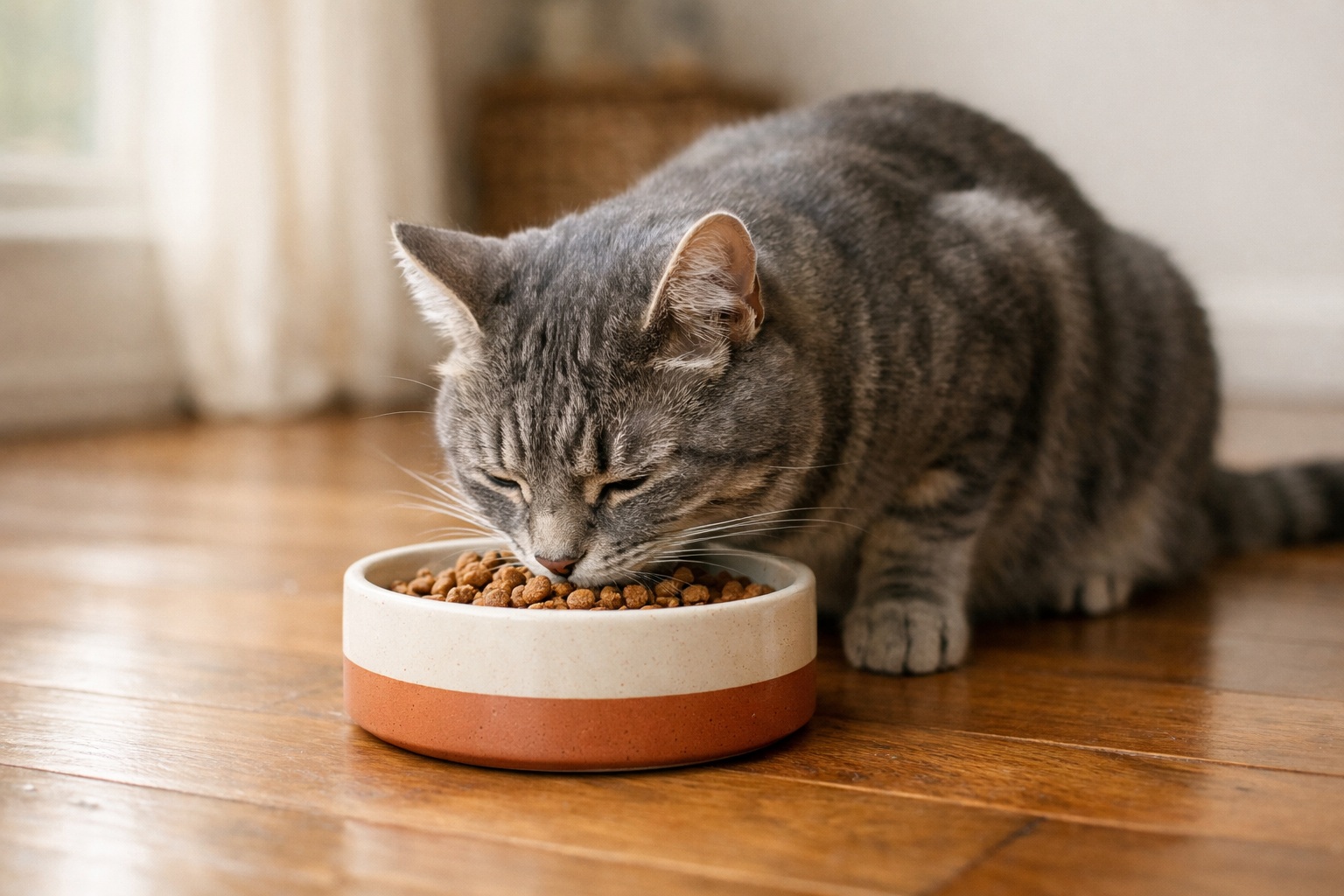 Chat tigré mangeant des croquettes dans une gamelle en céramique