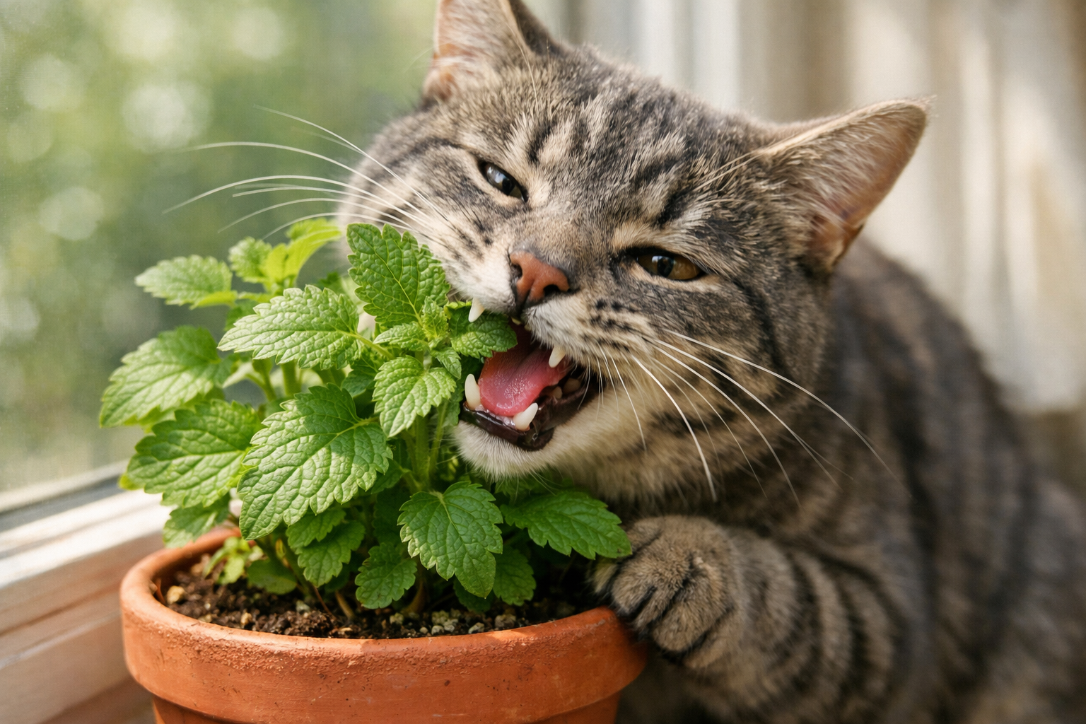 Chat tigré mâchant des feuilles d'herbe à chat verte
