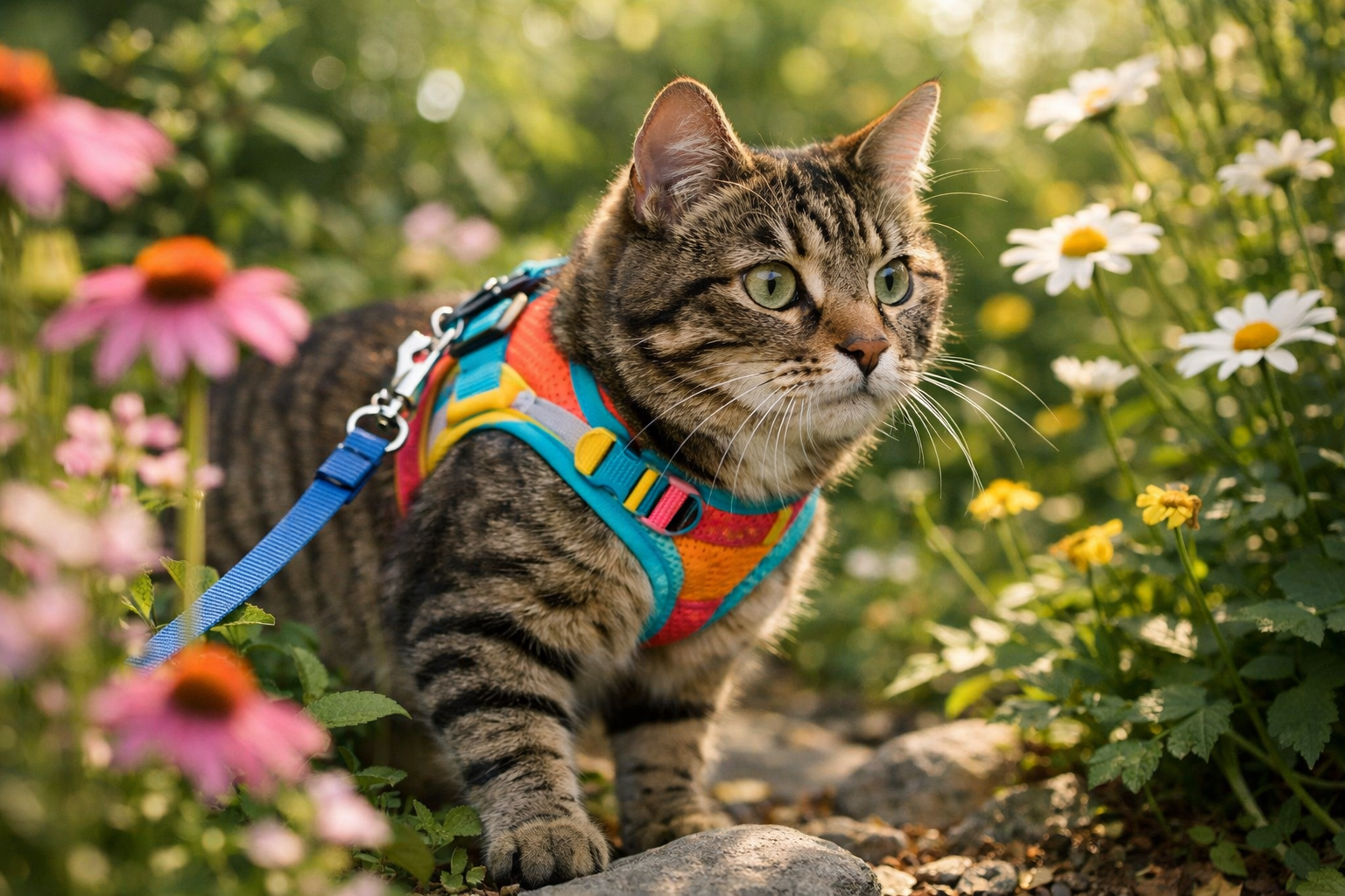 Chat aventurier portant un harnais explorant un jardin